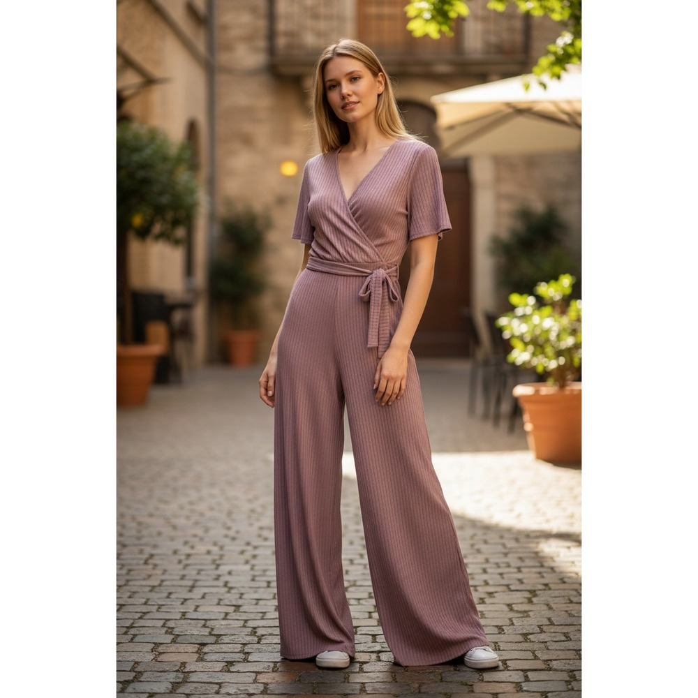 Rolla Coaster Mauve Ribbed Knit Wrap Jumpsuit Wide Leg Short Sleeve Small